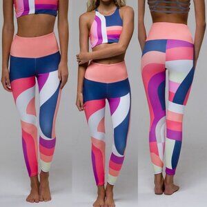 Onzie High‎ Rise Midi Leggings Curvy Geo Print Size XS Yoga Pink Blue Tights Run